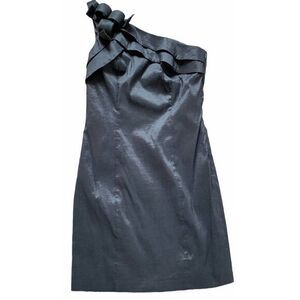 David's Bridal Short Satin One Shoulder Dress Womens Size 10 Black Ruffle Formal